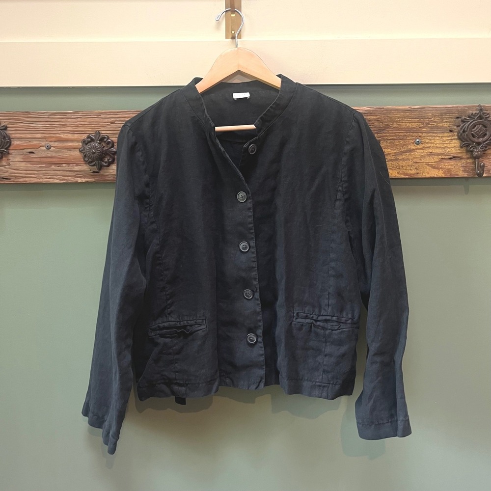 Poetry Black Linen Band Collar Button Front Jacket US 12 VS67